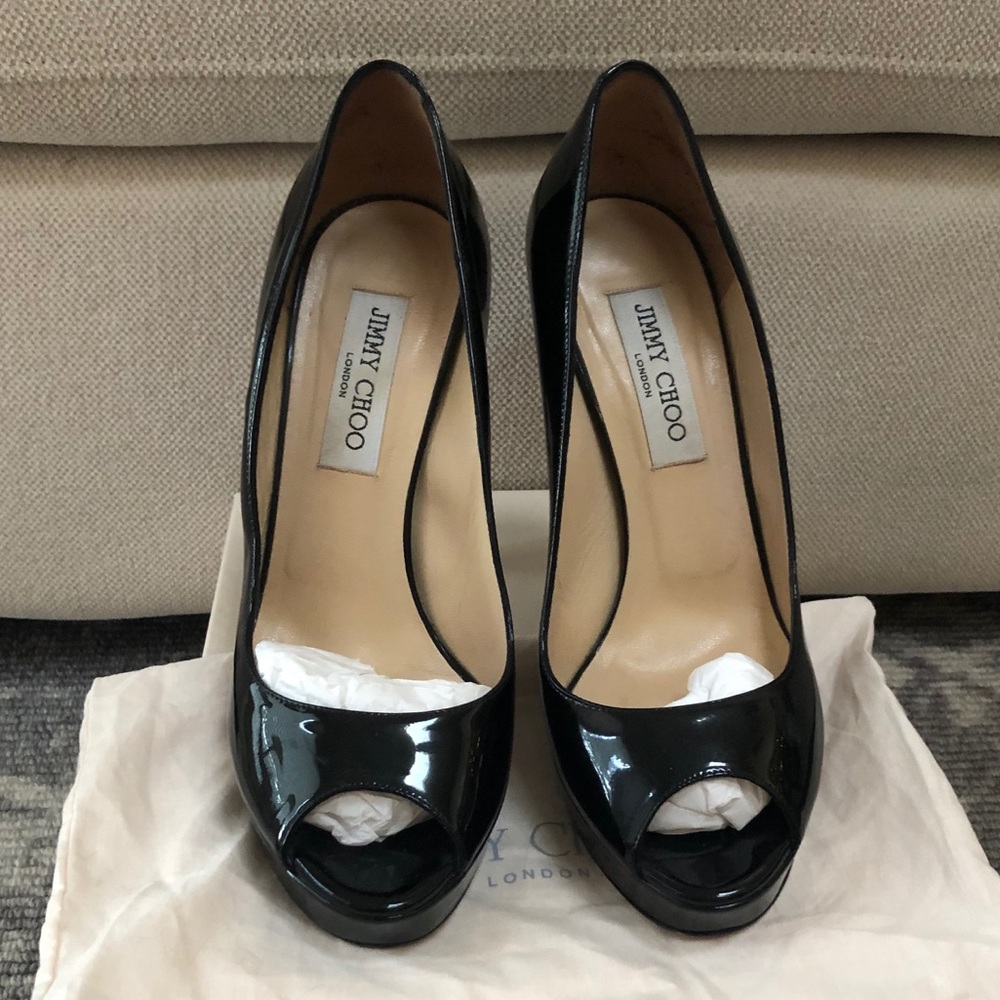 Jimmy Choo Crown Patent Peep Toe Heels